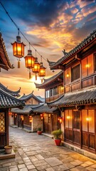 Obraz premium Traditional Chinese wooden houses with lanterns hanging from a square roof at sunset