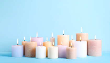 candles on a blue background. Vibrant candles glowing 