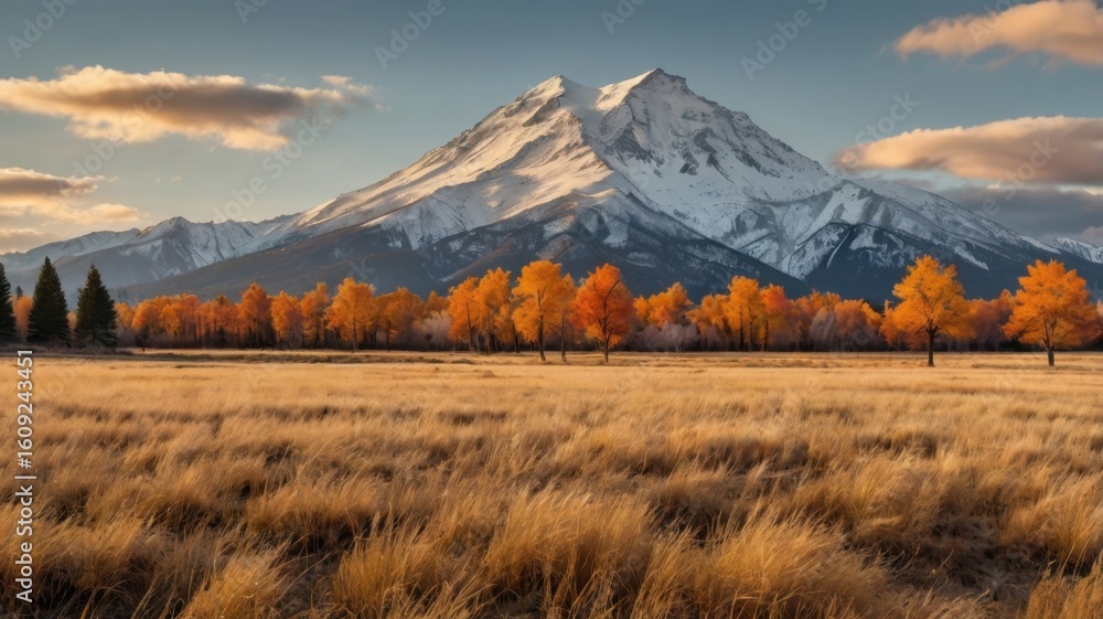 Poster a scenic view of a snow capped mountain with autumn trees and a golden field in the foreground