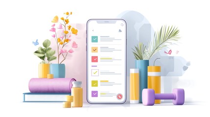 Smartphone mock up displaying fitness app interface surrounded by colorful plants, dumbbells and wellness items
