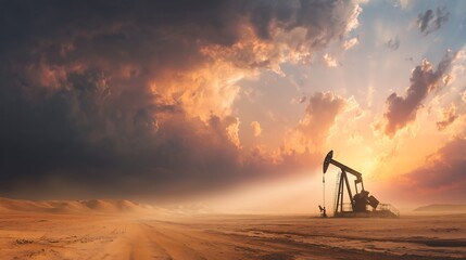 Oil pump jack silhouetted against dramatic sunset sky, casting shadows on barren landscape, highlighting energy production and natural resources