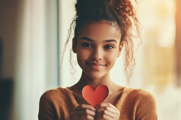 Valentine's day greeting and funny gift. Innocent face cute mixed-race juvenile girl with small paper heart in hands. Family valentine's day. Cute kid's heartwarming moment. Kidâ€™s love moment.