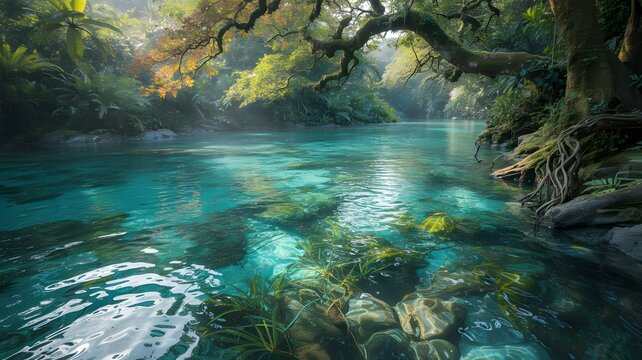 Crystal clear turquoise river flowing through a lush green forest - Powered by Adobe