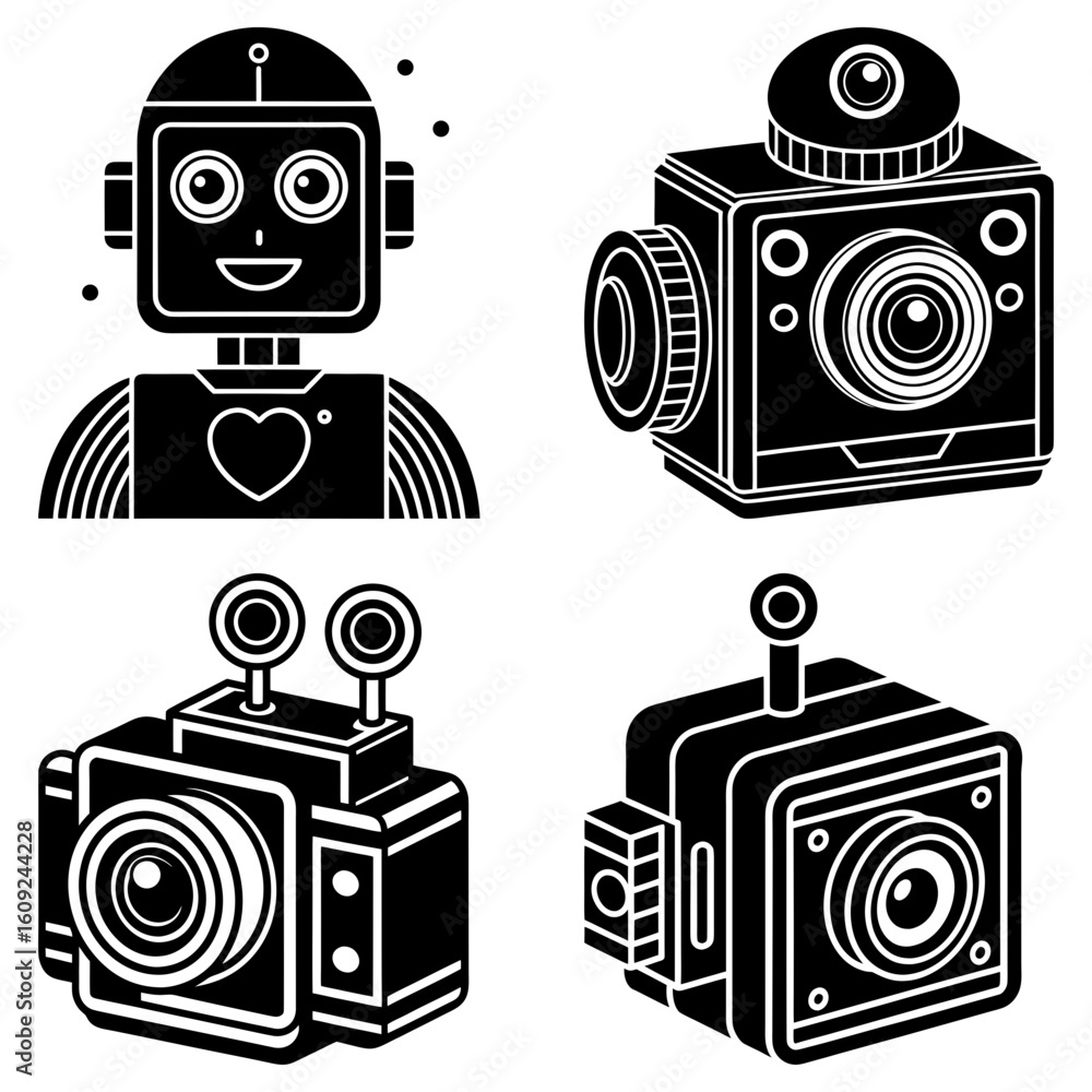 Poster illustration of a robot and three different camera designs in a black and white color scheme art sty