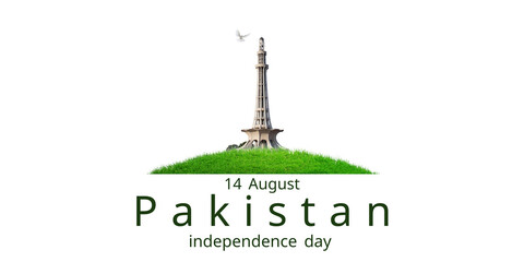 Happy Pakistan Day, Independence Day 14 August 1947. Azadi Mubarak banner, poster, card, template, background with Pakistan map, flag, monuments, and Landmarks Minar e Pakistan, Quaid Tomb, Mosque etc
