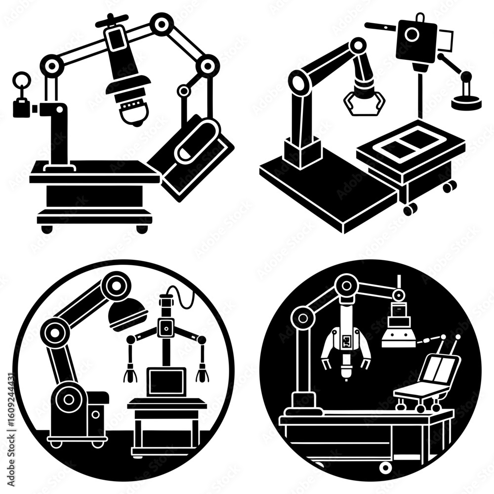 Poster four illustrations of robotic arms performing different tasks in a monochrome style design concept