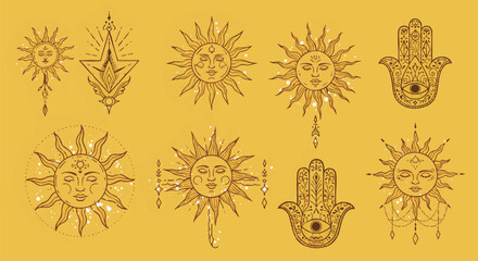 Esoteric collection of celestial suns with faces and protective Hamsa hand symbols. Mystical vector illustration set for spiritual design.