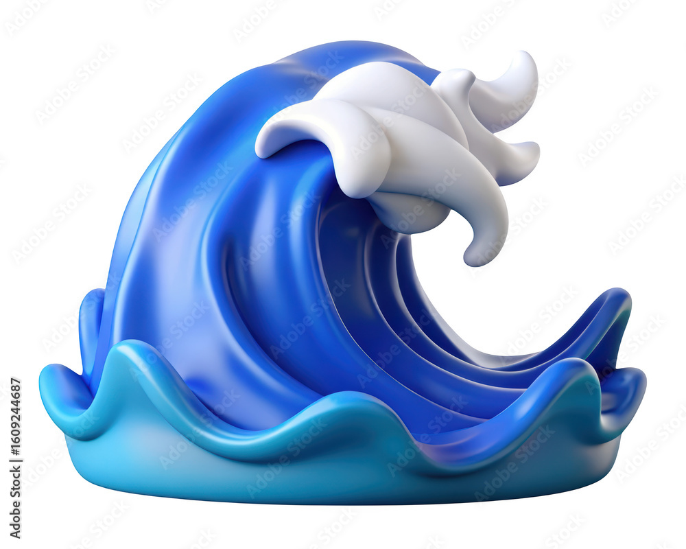 Poster stylized 3d rendering of a cartoon ocean wave with blue gradient and white foam isolated on backgrou