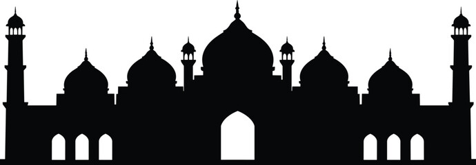 Black mosque silhouette with domes and minarets, Islamic architectural vector, perfect for Eid, Ramadan, religious, cultural, and spiritual design.