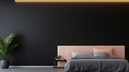 Modern bedroom design with dark walls and warm lighting creates restful mood