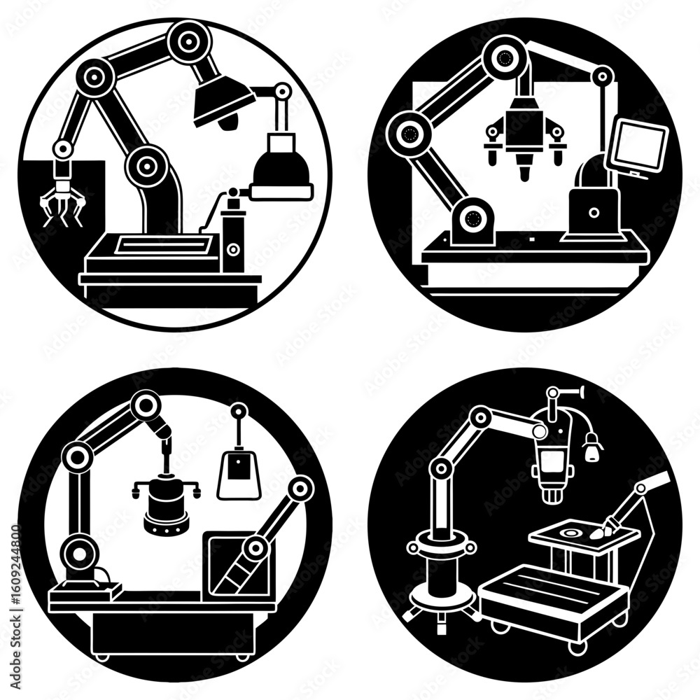 Poster four circular icons showing different robotic arms performing various tasks and operations in black 