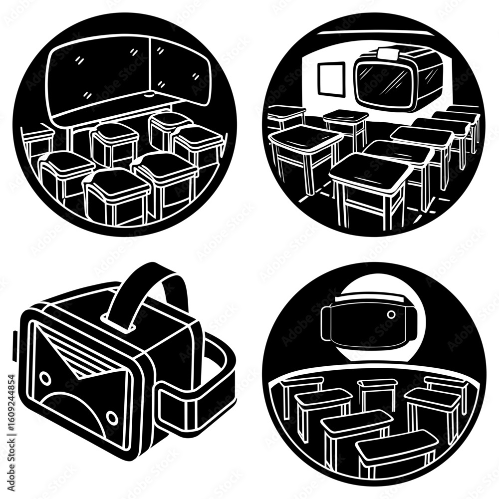 Poster illustration showing virtual reality setup with headsets and classroom environments in black and whi