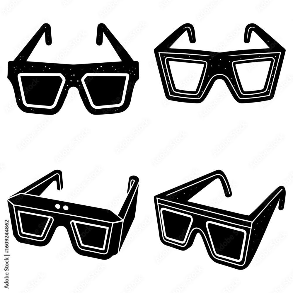 Poster four pairs of black and white glasses with different styles and shapes arranged in a square pattern