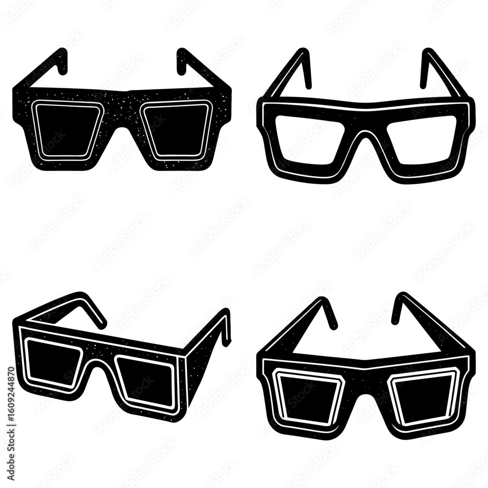 Poster four pairs of stylized glasses arranged in a square pattern on a white background display optical de