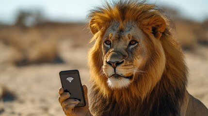 A lion holding a smartphone while looking at the camera. The smart lion is using the phone to surf the internet in the desert. Poster. Perfect WiFi connection concept