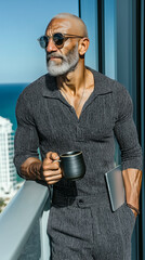 A relaxed investor enjoys a bright morning coffee on a high-rise balcony. Perfect for financial, tech, or motivational content needing a calm, focused lifestyle visual.