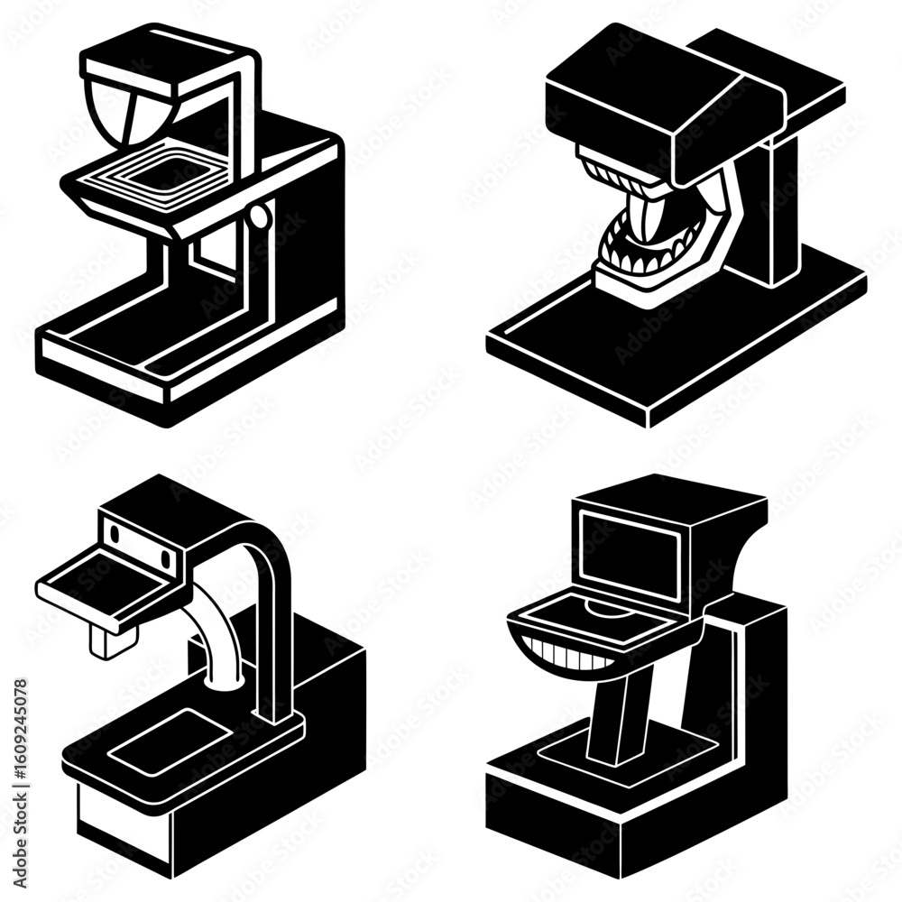 Poster isometric view of four different black and white machines with unique designs and structures shown h