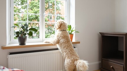 Golden Retriever Gazes Out Window at Lush Greenery
