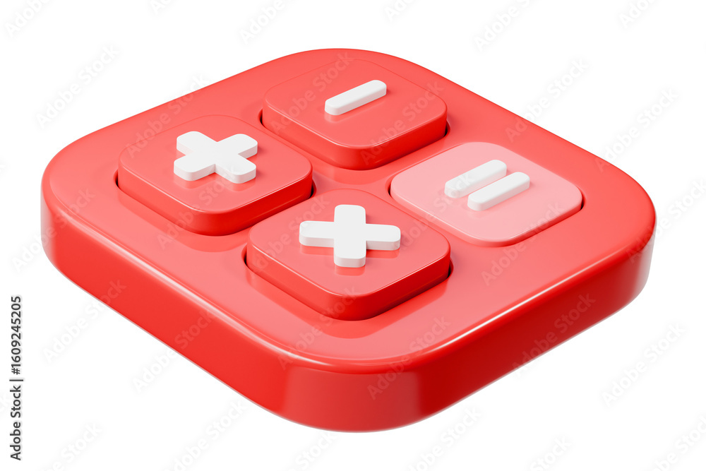 Poster 3d calculator buttons with a plus, minus, multiply, and equal icon isolated on white background. mon