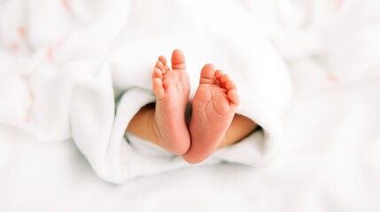 Naklejka premium baby feet in bed, newborn baby feet in a white blanket