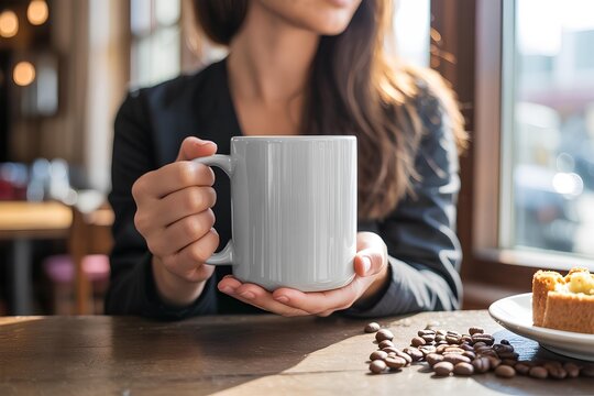 Girl is holding white mug in hands. Blank 11 oz ceramic cup, cozy winter morning with hot beverage, ceramic coffee cup for branding, relaxation, home comfort and mindfulness concept in natural light