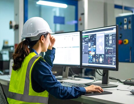 Female engineer working on computer in industrial control room environment