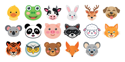 Cheerful Cartoon Animal Faces:  A Collection of Cute Farm and Wild Animal Heads vector, Perfect for Children's Products.
