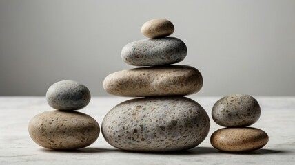 A zen arrangement of stacked stones in varying sizes and colors on a neutral surface and background