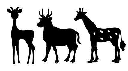 Silhouette illustration of a deer, a stag and a giraffe standing side by side on a white background | editable eps vectors
