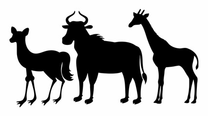 Fototapeta premium Silhouette illustration featuring a deer, a wildebeest, and a giraffe in a side by side composition | editable eps vectors