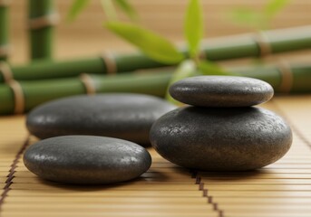 Fototapeta premium Balanced Stones and Bamboo on Woven Mat