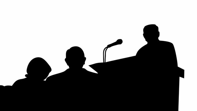 Silhouette of a speaker at a podium with a microphone addressing an audience in a public forum event | editable eps vectors