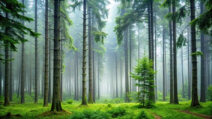 Naklejka premium Rainy day in a serene forest with misty fog and tall trees