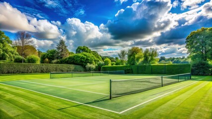 Fototapeta premium A tennis court with a net and surrounded by lush green grass and trees
