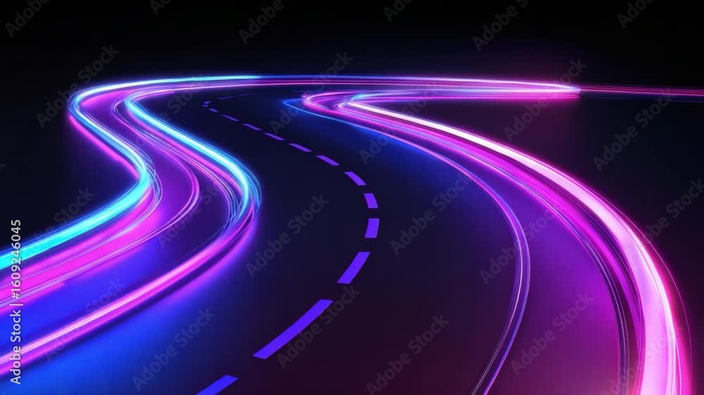 Poster abstract neon road with colorful light trails on black background for dynamic visual projects and mo