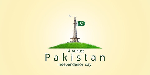 Happy Pakistan Day, Independence Day 14 August 1947. Azadi Mubarak banner, poster, card, template, background with Pakistan map, flag, monuments, and Landmarks Minar e Pakistan, Quaid Tomb, Mosque etc