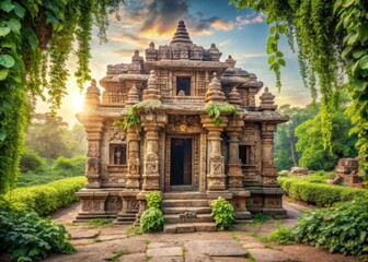 Ancient stone temple with intricate carvings and vines