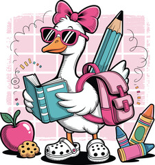 Adorable Goose with Crayons and Books – Back to School Cartoon Vector
