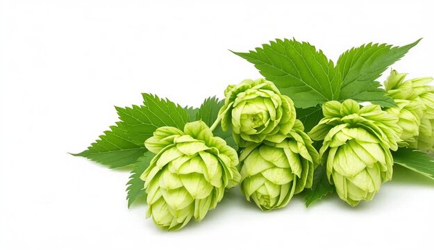 Fresh green hops or hop cone flowers with leaves on white background