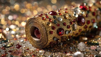 Gold roll of ribbon, adorned with sparkling red and clear rhinestones, rests on a bed of glittering gold and red sequins