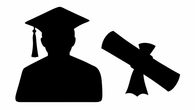 Silhouette of a graduate with cap and tassel along with a diploma tied with a ribbon on a white background | editable eps vectors