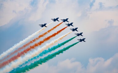 Fighter Jets Air Show with Tricolor Smoke Trails Representing Indian Air Force and Patriotism