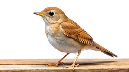 A small songbird, a robin with a red breast, perched on a branch, isolated on a white background
