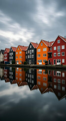 Long exposure captures colorful houses reflected perfectly in calm, glassy water under gray skies.