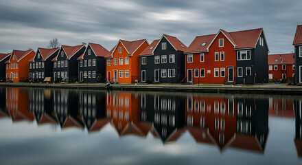 Long exposure captures colorful houses reflected perfectly in calm, glassy water under gray skies.