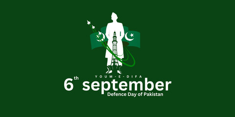 Pakistan Defense Day poster and banner, template design for 6 September. Youm E Difa Card design with Pakistan monuments, Pakistan map, and flag. Minar e Pakistan with flying fighter jets Background.