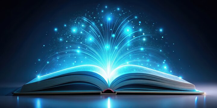 A futuristic book with glowing pages and interactive content