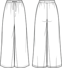 Flat vector CAD drawing of wide-leg pants with elastic waistband and drawstring, front and back view fashion design sketch