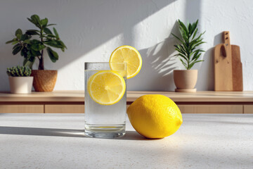 Refreshing glass of sparkling lemon water on bright kitchen counter with whole lemon and sunlit background