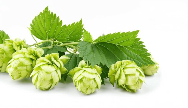 Fresh green hops or hop cone flowers with leaves on white background